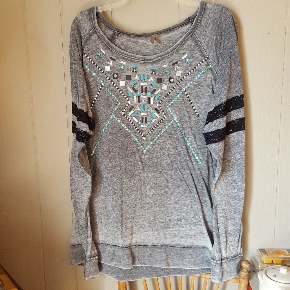 Vanity Gray Burnout Long Sleeve Top with Bling 2XL